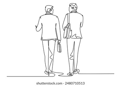 Continuous one line drawing back view two young male managers walking in hurry while discussing and try not be late for work. Urban commuter worker. Single line draw design vector graphic illustration