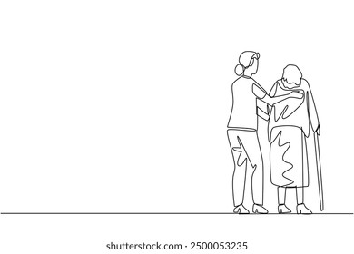 Continuous one line drawing back view, caregiver woman guiding old grandmother walking. A stick is a walking aid. Devotion. Caregiver Appreciation Day. Single line draw design vector illustration