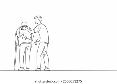 Continuous one line drawing back view a male caregiver on duty guiding old grandfather walking. Patiently carry out obligations. Caregiver Appreciation Day. Single line draw design vector illustration