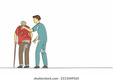 Continuous one line drawing back view a male caregiver on duty guiding old grandfather walking. Patiently carry out obligations. Caregiver Appreciation Day. Single line draw design vector illustration