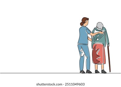 Continua una línea dibujando vista hacia atrás, mujer cuidadora guiando a la anciana abuela caminando. Un palo es una ayuda para caminar. Devoción. Día de Apreciación del Cuidador. Ilustración vectorial de diseño de dibujo de línea única