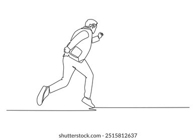 Continuous one line drawing back view businessman running fast to chase goal growth target. Success business manager on race competition challenge. Single line draw design vector graphic illustration