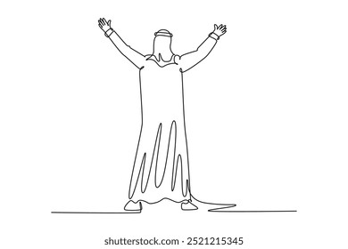 Uma linha contínua desenhando a vista de trás do feliz empresário muçulmano comemorar seu projeto de negócio. Homem árabe gerente de pé e levantar a mão. Ilustração gráfica vetorial de design de desenho de linha única