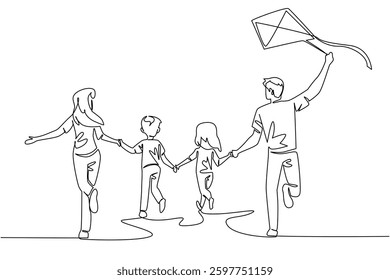 Continuous one line drawing back view, happy family playing kites outdoors. Forget the gadgets, play together. Holiday. Hobby. International Family Day. Single line draw design vector illustration
