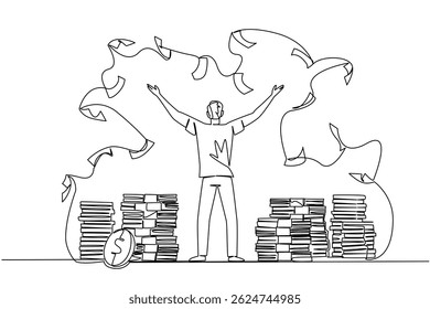 Uma linha contínua desenhando a vista de trás, um homem fica de braços estendidos e joga as notas. Serão feitos grandes investimentos. Seja um Dia dos Milionários. Ilustração de vetor de design de desenho de linha única