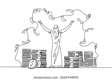 Continuous one line drawing back view, Arab man stands with arms outstretched and throws the banknotes. Invest massively. Profit. Be a Millionaire Day. Single line draw design vector illustration