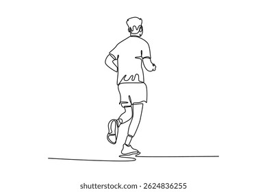 Continuous one line drawing back view man running challenge, wellness and healthy outdoor exercise. Training, cardio and runner on path in morning. Single line draw design vector graphic illustration