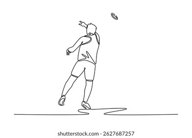 Contínuo um desenho de linha para trás ver atleta masculino treino discus jogando no estádio ao ar livre. Treinamento desportivo profissional em ação, movimento. Ilustração gráfica vetorial de design de desenho de linha única