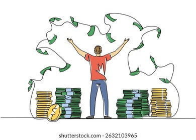 Continuous one line drawing back view, a man stands with arms outstretched and throws the banknotes. Major investments will be made. Be a Millionaire Day. Single line draw design vector illustration