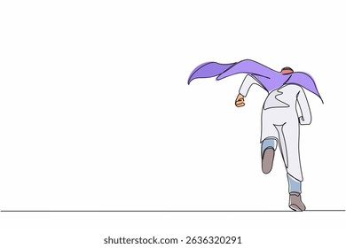 Continuous one line drawing back view businessman superhero running to office. Powerful Arabian businessman enthusiastic with ideas and innovation. Single line draw design vector graphic illustration