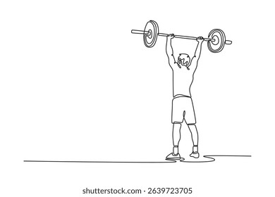 Continuous one line drawing back view fit young man doing heavy weight exercise in health club. Sportsman lifting barbells over his head in the gym. Single line draw design vector graphic illustration