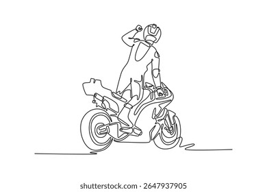 Continuous one line drawing back view of young biker celebrates victory on moto sports racing. Happy rider winning grand prix racing on the track. Single line draw design vector graphic illustration