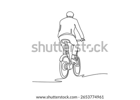 Continuous one line drawing back view young businessman commuter with electric bicycle traveling home from work. Commute on bike, healthy lifestyle. Single line draw design vector graphic illustration