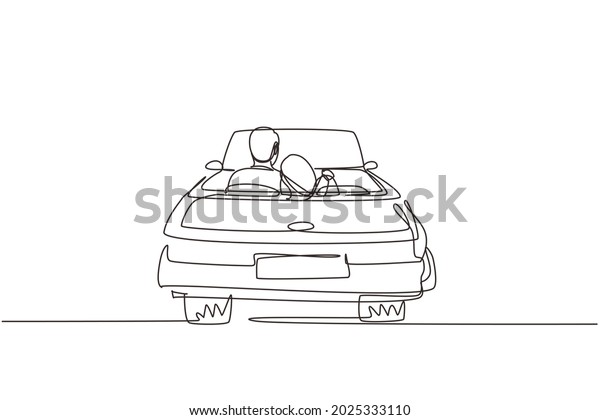 Continuous one line drawing back view loving\
couple sitting and hugging in convertible car. Man woman getting\
ready for wedding. Engagement and love relations. Single line draw\
design vector\
graphic