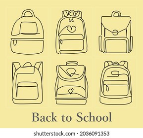 Continuous one Line drawing of Backpack - School Bag Collection for Back To School theme. High quality outline web pictograms in modern flat style. Backpack symbol for web design and mobile app.