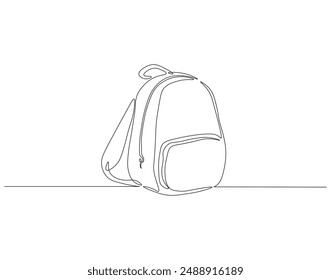 Dibujo continuo de una línea de la mochila. Ilustración de dibujo de una línea de bolso escolar. Bolso escolar para volver a la escuela, niño, concepto de educación de una sola línea. Esquema editable.