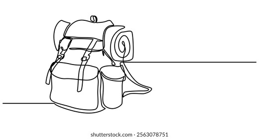 Continuous one line drawing backpack. Camping backpack vector hand drawn silhouette clipart. Sketch isolated on white background, Single continuous line drawing of camping backpack for travel and tour
