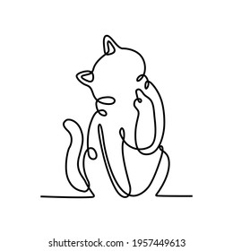 Continuous One Line Drawing Bad Meow Cat Kitten Tilt Head Showing Middle Finger Sign Vector Illustration - Vector	