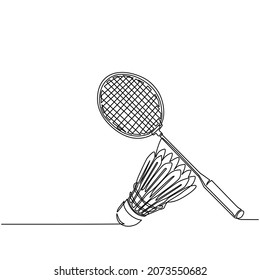 Continuous one line drawing badminton racket and white shuttlecock. Equipments for badminton game sport isolated on background in flat design. Racket and shuttlecock. Single line draw design vector