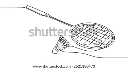 Continuous One Line Drawing Badminton Racket and Shuttlecock. Sports Equipment Minimalist Vector Art.
