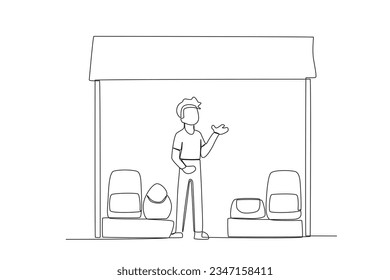 El contínuo dibujo de una línea de un vendedor de bolsos está ofreciendo sus productos en un mercado tradicional
