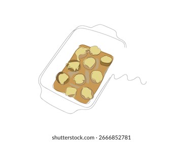 Continuous one line drawing of  baked hot mushrooms stuffed with minced meat and cheddar cheese close up on a plate on the table.  Hand made vector not Al.