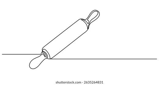 Continuous one line drawing of bakery rolling pin. Rolling pin rolling out dough pin bakery in single line draw illustration. Editable stroke, Rolling pin kitchen utensils one line continuous drawing.