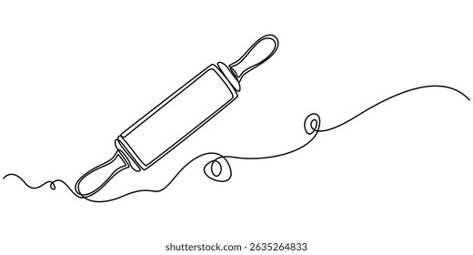 Continuous one line drawing of bakery rolling pin. Rolling pin rolling out dough pin bakery in single line draw illustration. Editable stroke, Rolling pin kitchen utensils one line continuous drawing.