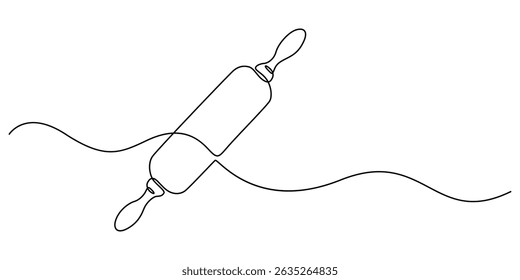 Continuous one line drawing of bakery rolling pin. Rolling pin rolling out dough pin bakery in single line draw illustration. Editable stroke, Rolling pin kitchen utensils one line continuous drawing.