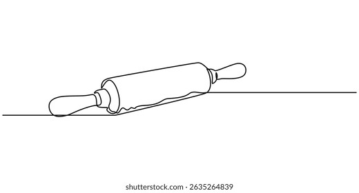 Continuous one line drawing of bakery rolling pin. Rolling pin rolling out dough pin bakery in single line draw illustration. Editable stroke, Rolling pin kitchen utensils one line continuous drawing.