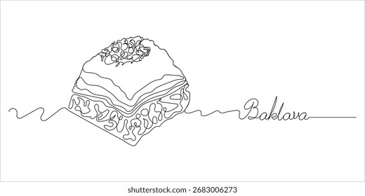 Desenho contínuo de uma linha Baklava árabe doce padaria ilustração vetor.