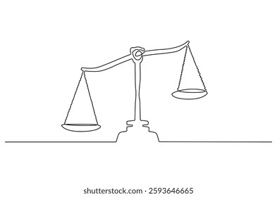 Continuous one line drawing of balance of law. Single line drawing illustration of law balance and scale of justice. equality and equilibrium concept vector art. Doodle line illustration.