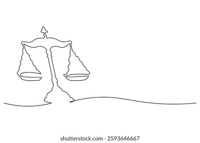 Continuous one line drawing of balance of law. Single line drawing illustration of law balance and scale of justice. equality and equilibrium concept vector art. Doodle line illustration.