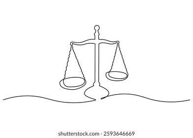 Continuous one line drawing of balance of law. Single line drawing illustration of law balance and scale of justice. equality and equilibrium concept vector art. Doodle line illustration.