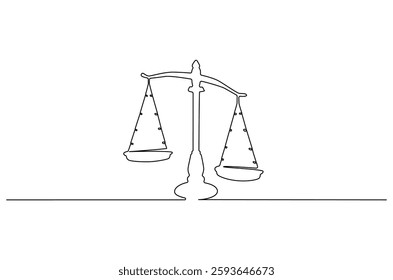 Continuous one line drawing of balance of law. Single line drawing illustration of law balance and scale of justice. equality and equilibrium concept vector art. Doodle line illustration.
