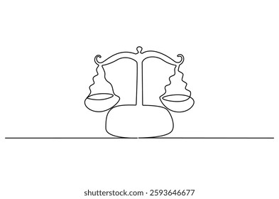 Continuous one line drawing of balance of law. Single line drawing illustration of law balance and scale of justice. equality and equilibrium concept vector art. Doodle line illustration.