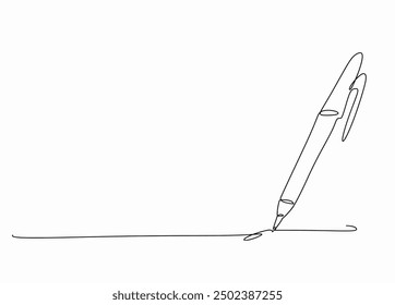 Continuous one line drawing of ball pen writing stroke isolated on white background, stationery symbol, study and education concept, Doodle hand drawn, vector illustration