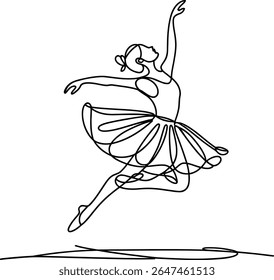 Continuous One Line Drawing of a Ballerina Dancing Gracefully – Minimalist Vector Art of a Ballet Dancer Leaping in Elegant Pose with Tutu