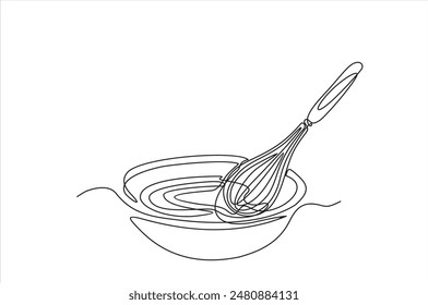 Continuous one line drawing of balloon Whisk and bowl. Balloon Whisk in a bowl simple outline vector illustration.