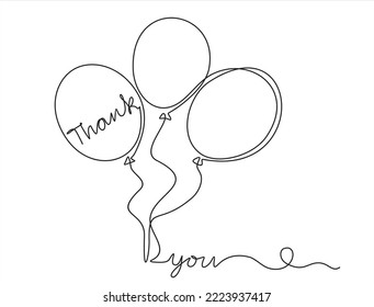 Continuous one line drawing of balloons with inscription  "thank you". Concept of Happy thanks day. Continuous one line drawing. 