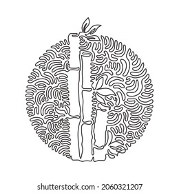 Una línea continua dibujando árboles de bambú para la identidad del logo de la plantación. Planta de floración perenne verde fresco para ícono de planta. Estilo de fondo del círculo de redondeo giratorio. Vector de diseño de tracción de línea única