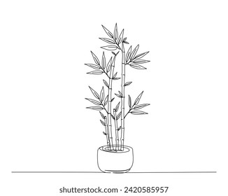 Continuous one line drawing of  bamboo plant in a pot. Bamboo in a pot single outline vector illustration. Editable stroke.