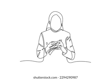 Continuous one line drawing bank teller counting money. Banking concept. Single line draw design vector graphic illustration.