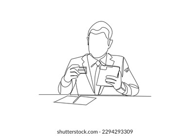 Continuous one line drawing bank clerk checking customer account. Banking concept. Single line draw design vector graphic illustration.