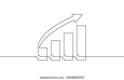 Continuous one line drawing of bar chart. Single line art of graph with increasing arrow up. Vector illustration of business growth. Flat icon