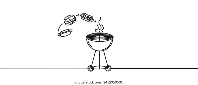 Continuous one line drawing of barbecue grill. Vector graphics.