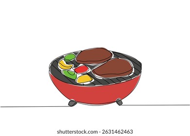 Uma linha contínua desenhando churrasqueira com alguns cortes de carne e pimentões. Aquecendo a atmosfera com carne deliciosa. Bife. Dia Nacional do Churrasco. Ilustração de vetor de design de desenho de linha única