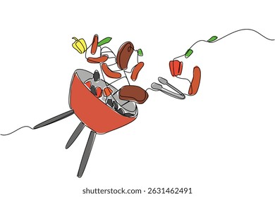 Continuous one line drawing barbecue grill with slices of meat sausages, peppers, tongs, flying around. Appetite boosting invitation. National Barbecue Day. Single line draw design vector illustration