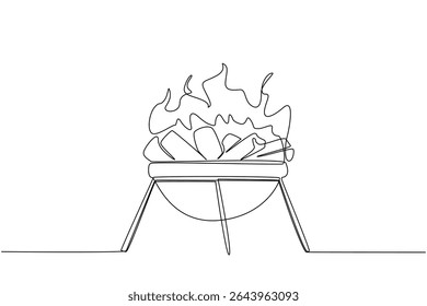 Continuous one line drawing barbecue grill with wood chunks and glowing flames. Heat wood before grilling. A cheerful summer weekend. National Barbecue Day. Single line draw design vector illustration