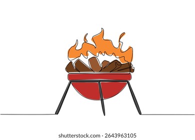 Grelha de churrasco de desenho contínuo de uma linha com pedaços de madeira e chamas brilhantes. Aquecer a madeira antes de grelhar. Um alegre fim de semana de verão. Dia Nacional do Churrasco. Ilustração de vetor de design de desenho de linha única